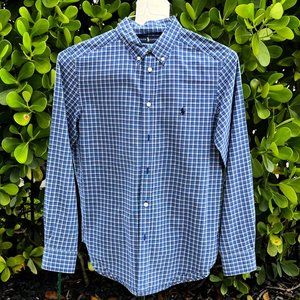 Ralph Lauren Natural Stretch Blue Plaid Button Down Shirt L (14-16) Boys